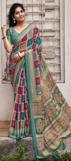 Blue color Saree in Silk fabric with Bandhej, Printed, Weaving work