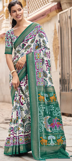 Green, White and Off White color Saree in Silk fabric with Printed work
