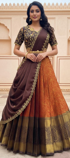 Orange, Purple and Violet color Lehenga in Silk fabric with Embroidered work