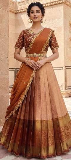 Beige and Brown, Pink and Majenta color Lehenga in Silk fabric with Embroidered work