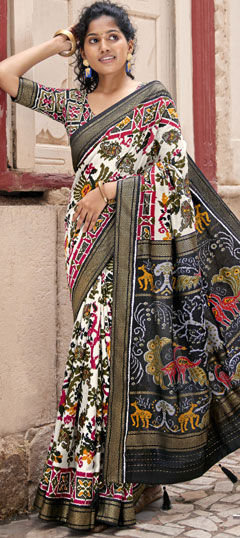 Black and Grey, White and Off White color Saree in Silk fabric with Printed work