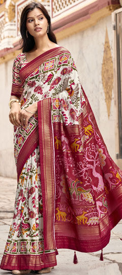 Pink and Majenta, White and Off White color Saree in Silk fabric with Printed work