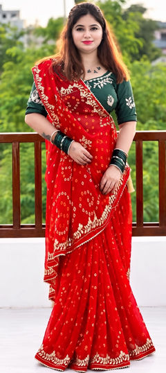 Red and Maroon color Saree in Georgette fabric with Bandhej, Embroidered, Printed work