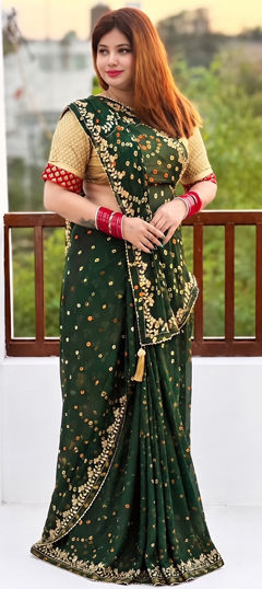 Green color Saree in Georgette fabric with Bandhej, Embroidered, Printed work