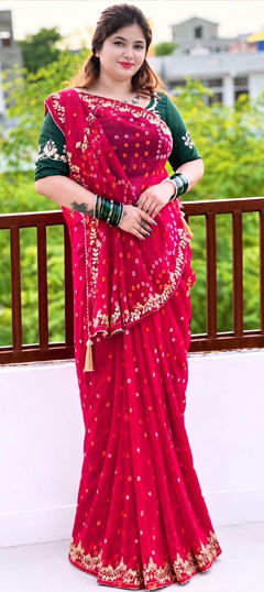 Pink and Majenta color Saree in Georgette fabric with Bandhej, Embroidered, Printed work