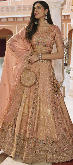 Pink and Majenta color Lehenga in Banarasi Silk fabric with Embroidered, Lace, Resham, Sequence, Stone, Weaving, Zari work