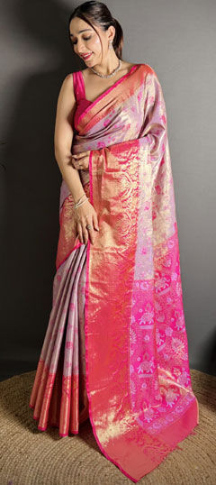 Pink and Majenta color Saree in Kanjeevaram Silk fabric with Weaving work