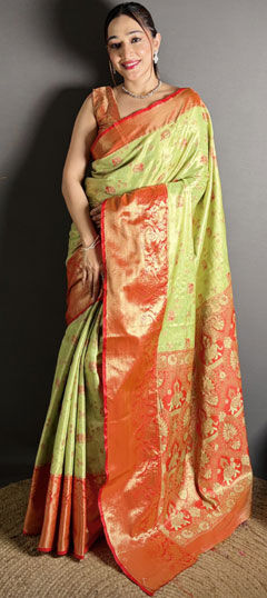 Green, Red and Maroon color Saree in Kanjeevaram Silk fabric with Weaving work