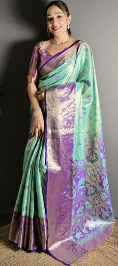 Blue, Purple and Violet color Saree in Kanjeevaram Silk fabric with Weaving work