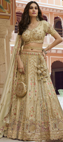 Beige and Brown color Lehenga in Banarasi Silk fabric with Embroidered, Lace, Resham, Sequence, Stone, Weaving, Zari work
