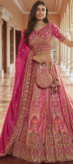 Pink and Majenta color Lehenga in Banarasi Silk fabric with Embroidered, Lace, Resham, Sequence, Stone, Weaving, Zari work