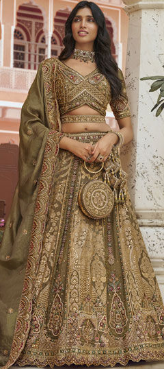 Beige and Brown color Lehenga in Banarasi Silk fabric with Embroidered, Lace, Resham, Sequence, Stone, Weaving, Zari work