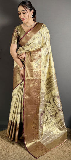 Black and Grey, White and Off White color Saree in Kanjeevaram Silk fabric with Weaving work