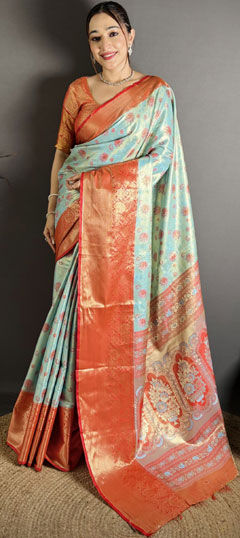 Blue, Red and Maroon color Saree in Kanjeevaram Silk fabric with Weaving work