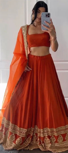 Orange color Lehenga in Faux Georgette fabric with Embroidered, Sequence, Zari work