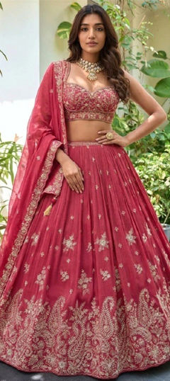 Pink and Majenta color Lehenga in Chinon Silk fabric with Embroidered, Sequence, Zari work