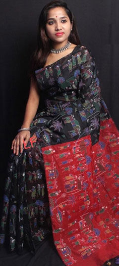 Black and Grey, Red and Maroon color Saree in Cotton fabric with Printed work