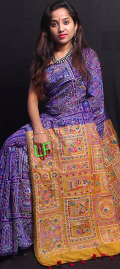 Purple and Violet, Yellow color Saree in Cotton fabric with Printed work