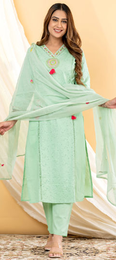 Green color Salwar Kameez in Cotton fabric with Embroidered, Resham, Zari work