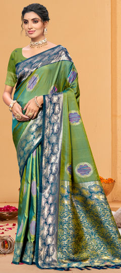 Green color Saree in Silk fabric with Weaving work