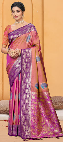 Pink and Majenta color Saree in Silk fabric with Weaving work