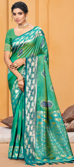 Green color Saree in Silk fabric with Weaving work