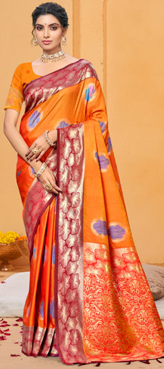 Orange color Saree in Silk fabric with Weaving work
