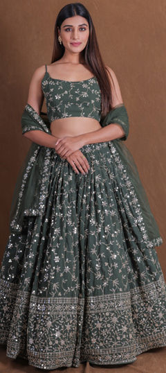 Green color Lehenga in Georgette fabric with Embroidered, Sequence, Thread, Zari work