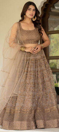Beige and Brown color Lehenga in Net fabric with Embroidered, Sequence, Thread, Zari work