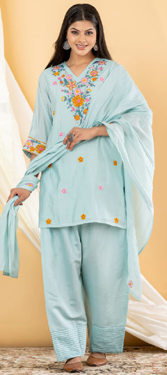 Blue color Salwar Kameez in Mul Chanderi fabric with Embroidered work
