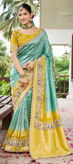Blue, Yellow color Saree in Silk fabric with Border, Embroidered, Sequence, Weaving work
