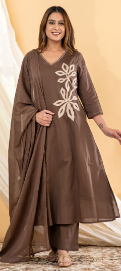 Beige and Brown color Salwar Kameez in Cotton fabric with Embroidered, Mirror, Zari work