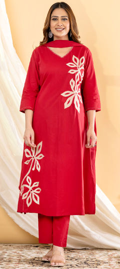 Red and Maroon color Salwar Kameez in Cotton fabric with Embroidered, Mirror work