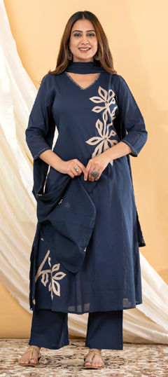 Blue color Salwar Kameez in Cotton fabric with Embroidered, Mirror work