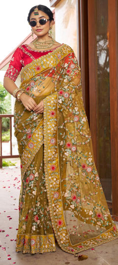 Yellow color Saree in Net fabric with Embroidered, Sequence, Thread work