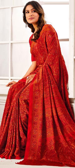 Red and Maroon color Saree in Crepe Silk fabric with Printed work