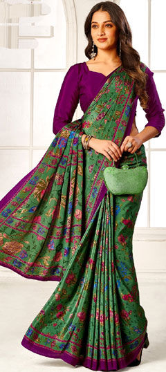 Green color Saree in Crepe Silk fabric with Floral, Printed work