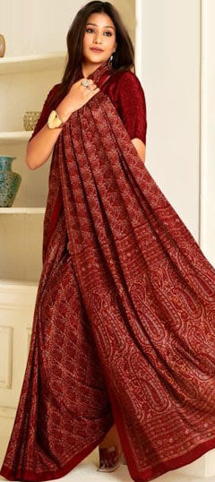 Red and Maroon color Saree in Crepe Silk fabric with Printed work