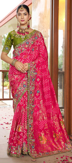 Pink and Majenta color Saree in Silk fabric with Bandhej, Embroidered, Printed, Sequence work