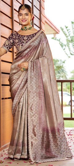 Purple and Violet color Saree in Silk fabric with Embroidered, Lace, Sequence, Weaving work