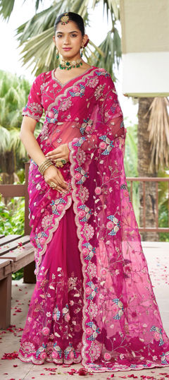 Pink and Majenta color Saree in Net fabric with Embroidered, Sequence, Thread work
