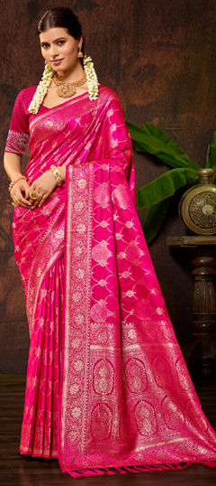 Pink and Majenta color Saree in Satin Silk fabric with Weaving work