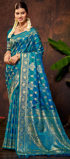Blue color Saree in Satin Silk fabric with Weaving work