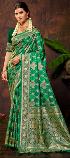 Green color Saree in Satin Silk fabric with Weaving work