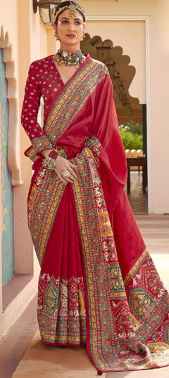 Red and Maroon color Saree in Silk fabric with Mirror, Sequence, Weaving, Zari work