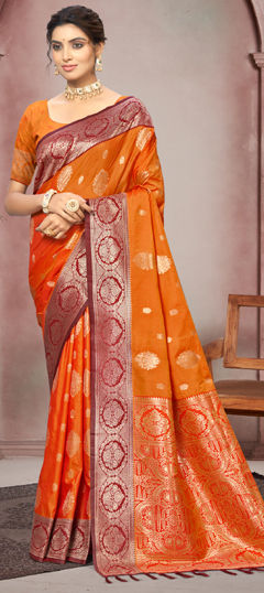 Orange color Saree in Silk fabric with Weaving work