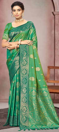 Green color Saree in Silk fabric with Weaving work