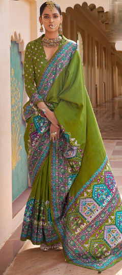 Green color Saree in Silk fabric with Mirror, Sequence, Weaving, Zari work