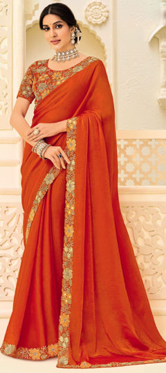 Orange color Saree in Silk fabric with Embroidered, Sequence work