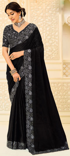 Black and Grey color Saree in Silk fabric with Embroidered, Sequence work